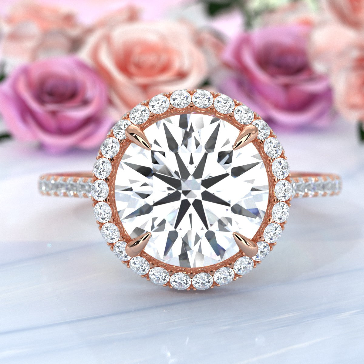 French Pave Set Halo Lab Grown Diamond Engagement Ring 2.59 Ctw.